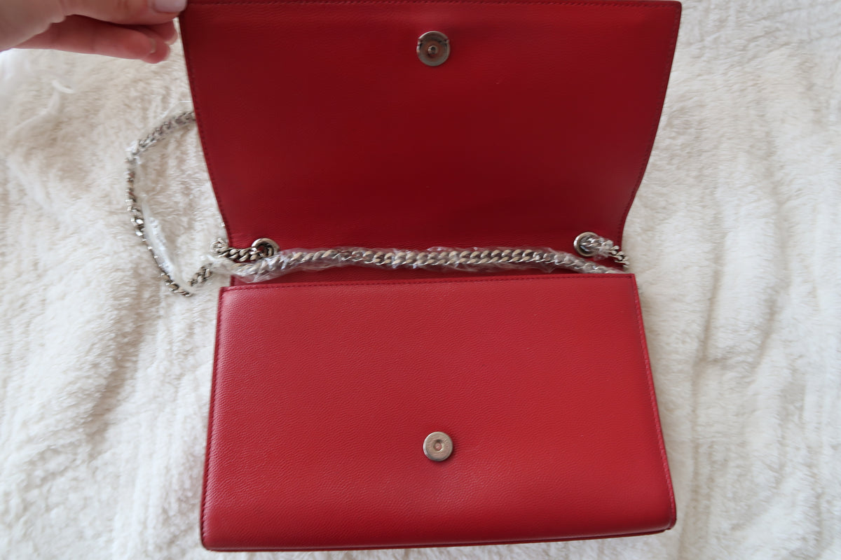Saint Laurent YSL Kate Chain Shoulder Bag – Red Leather with Silver Hardware