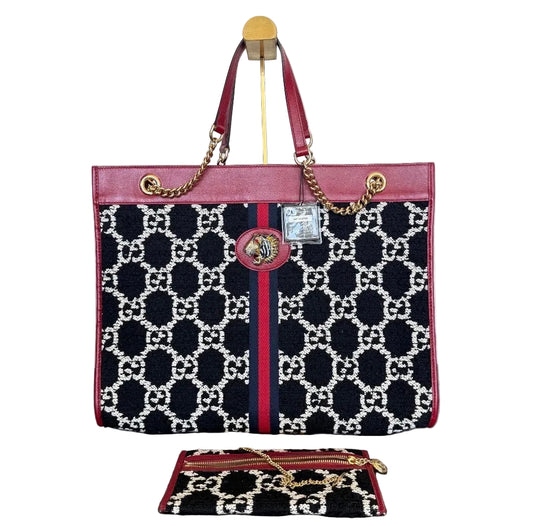 Gucci Red Leather GG Tweed Large Linea Rajah Tote Bag Red White