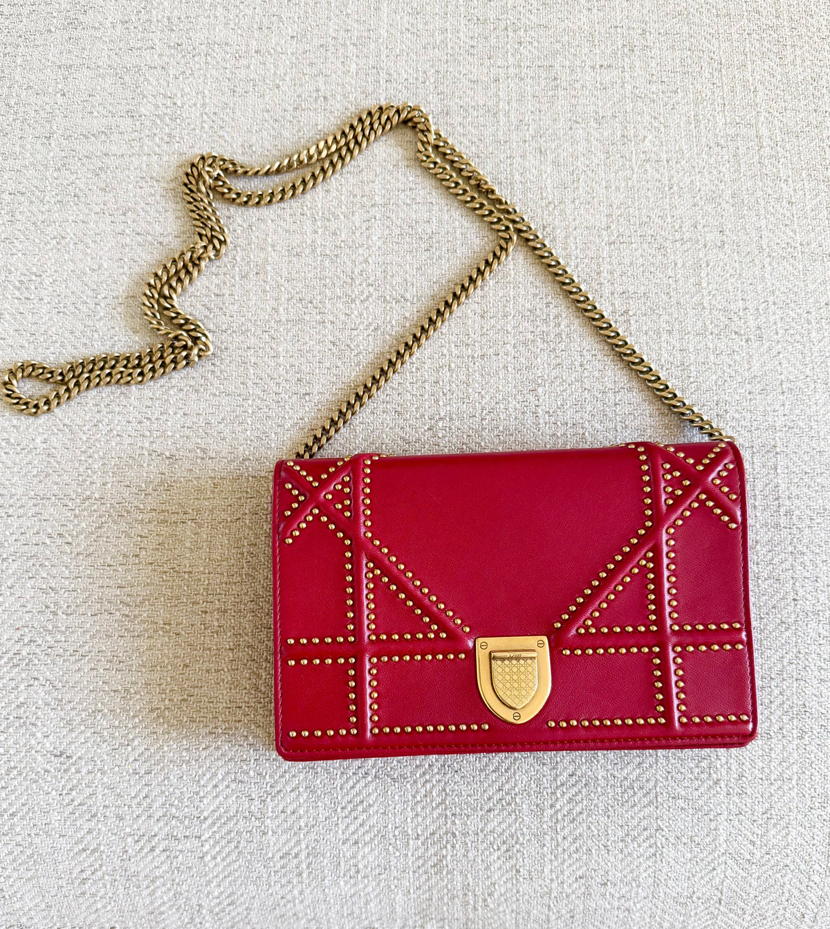 Christian Dior Studded Diorama Medium Studded Flap Bag Calfskin Leather - Red