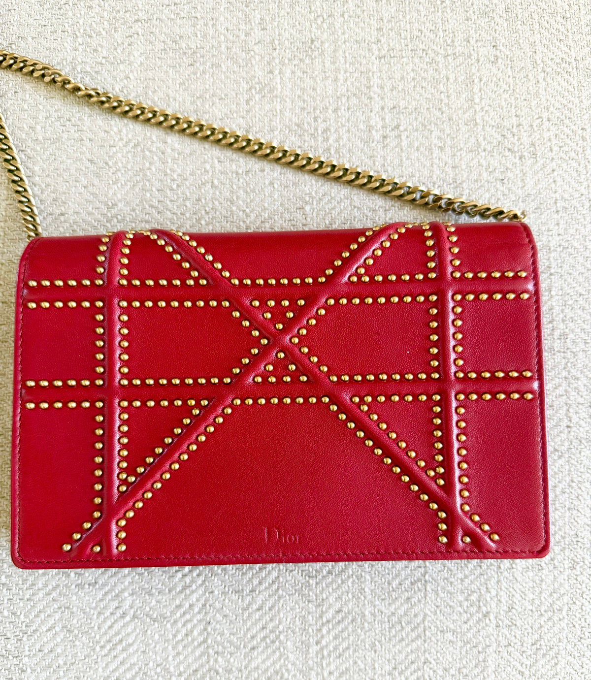 Christian Dior Studded Diorama Medium Studded Flap Bag Calfskin Leather - Red