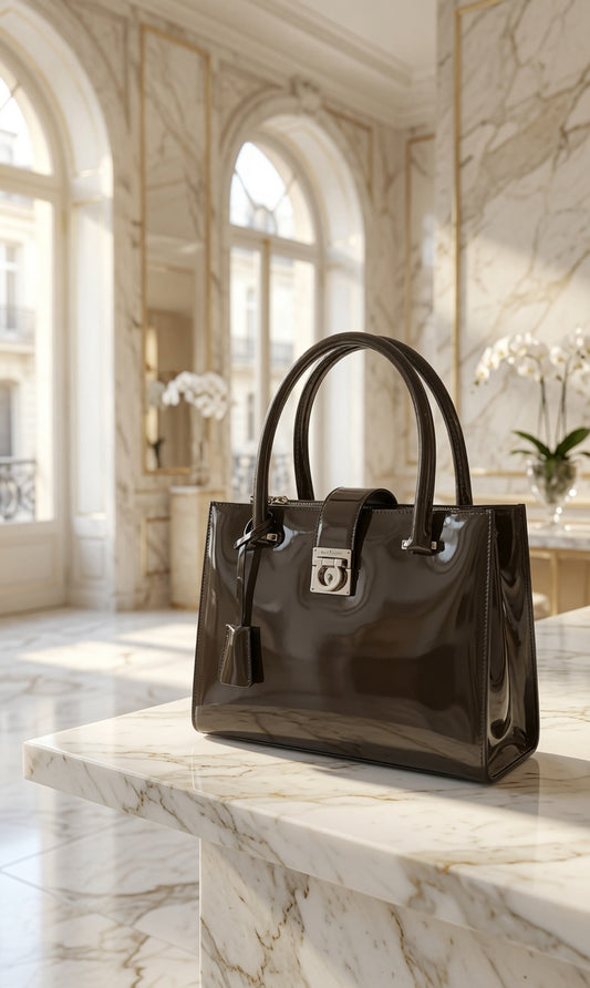 Salvatore Ferragamo Juliette Patent Leather Dark Olive Green Tote Bag