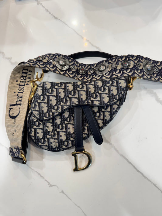 Dior Oblique Saddle Bag with Embellished Strap Blue