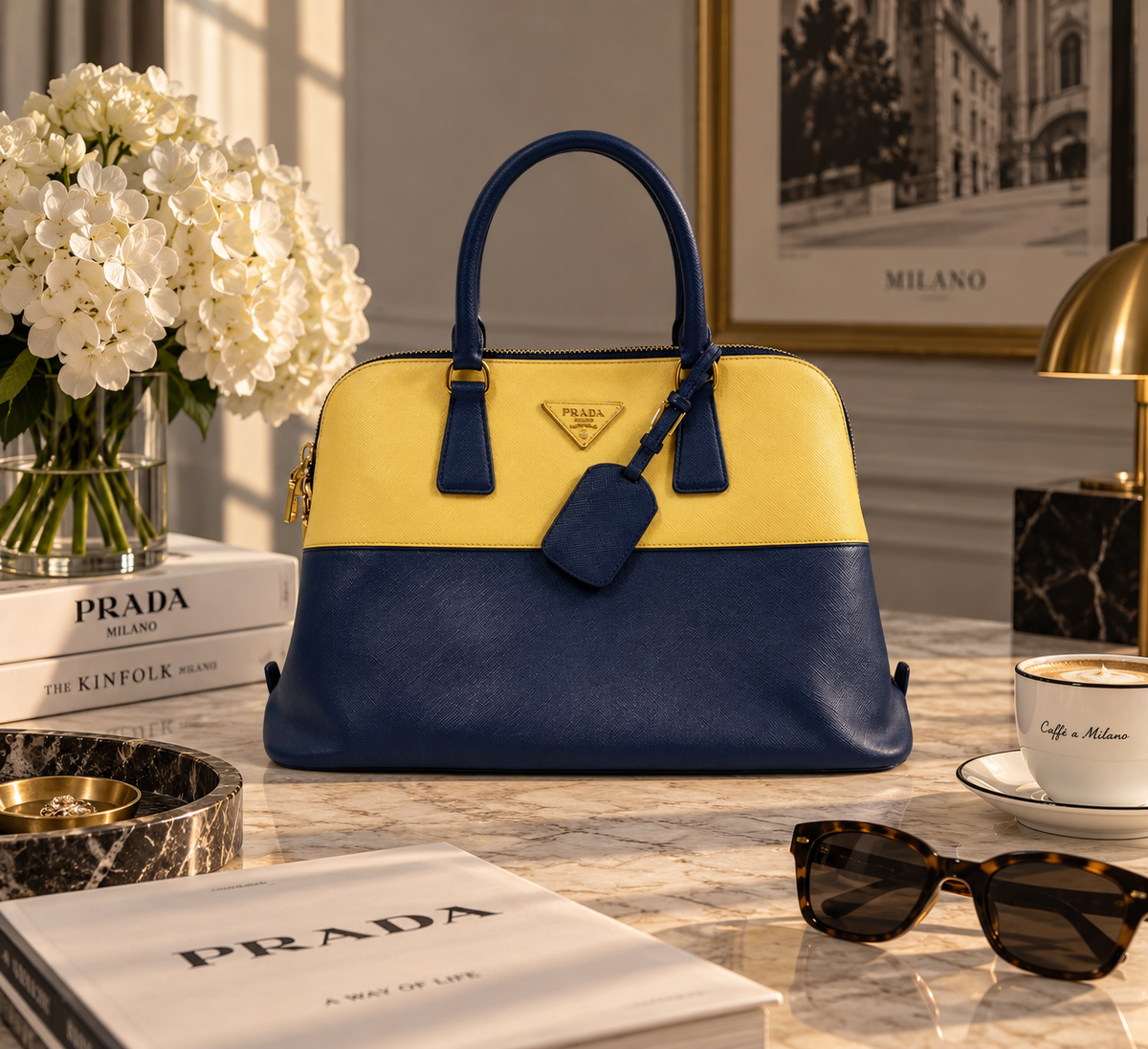 Prada Saffiano Leather Lux Promenade Handbag T– Navy & Yellow | Rare Colorway