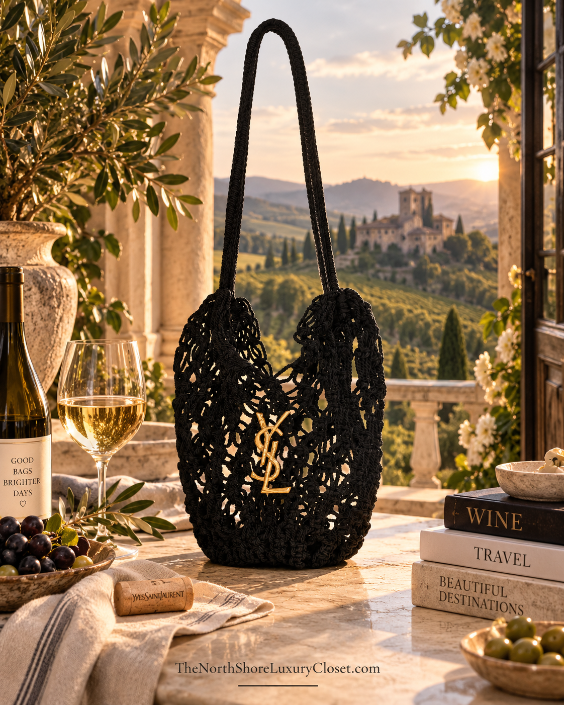Saint Laurent Small Shopping Crochet Bag featuring gold-tone YSL logo hardware