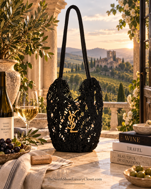 Saint Laurent Small Shopping Crochet Bag featuring gold-tone YSL logo hardware