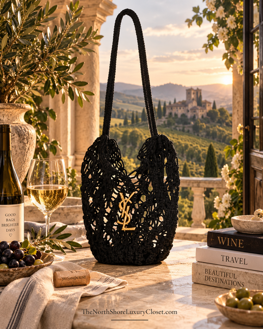 Saint Laurent Small Shopping Crochet Bag featuring gold-tone YSL logo hardware