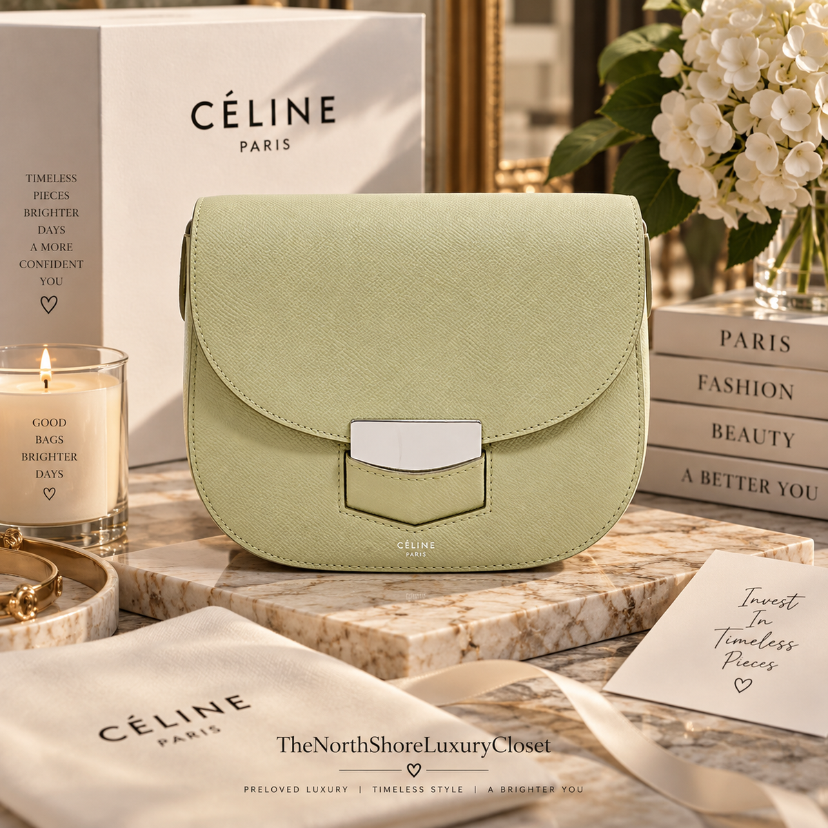 Celine Trotteur Shoulder Bag – Sage Green Leather With Crossbody Strap