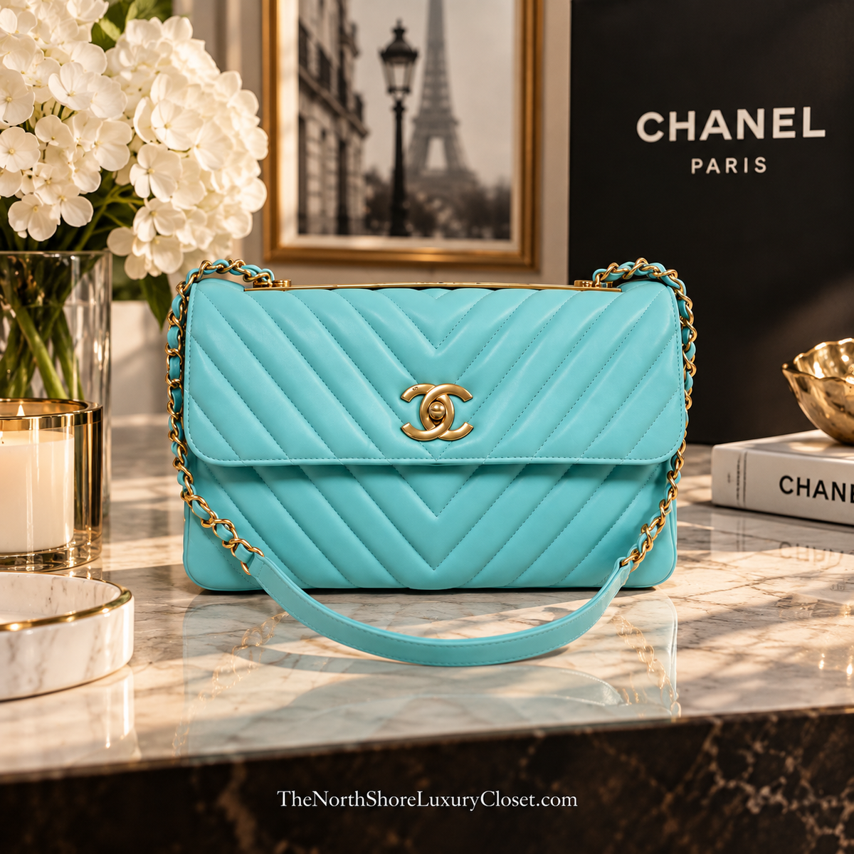 RARE Chanel Trendy CC Flap Bag Chevron Lambskin Medium - Tiffany Blue