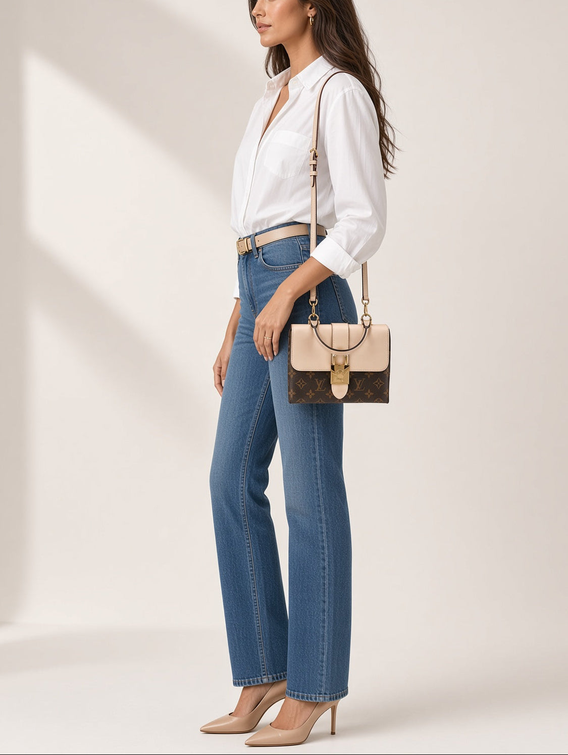 Louis Vuitton Locky BB Monogram Canvas & Crème Leather Top Handle Crossbody Bag