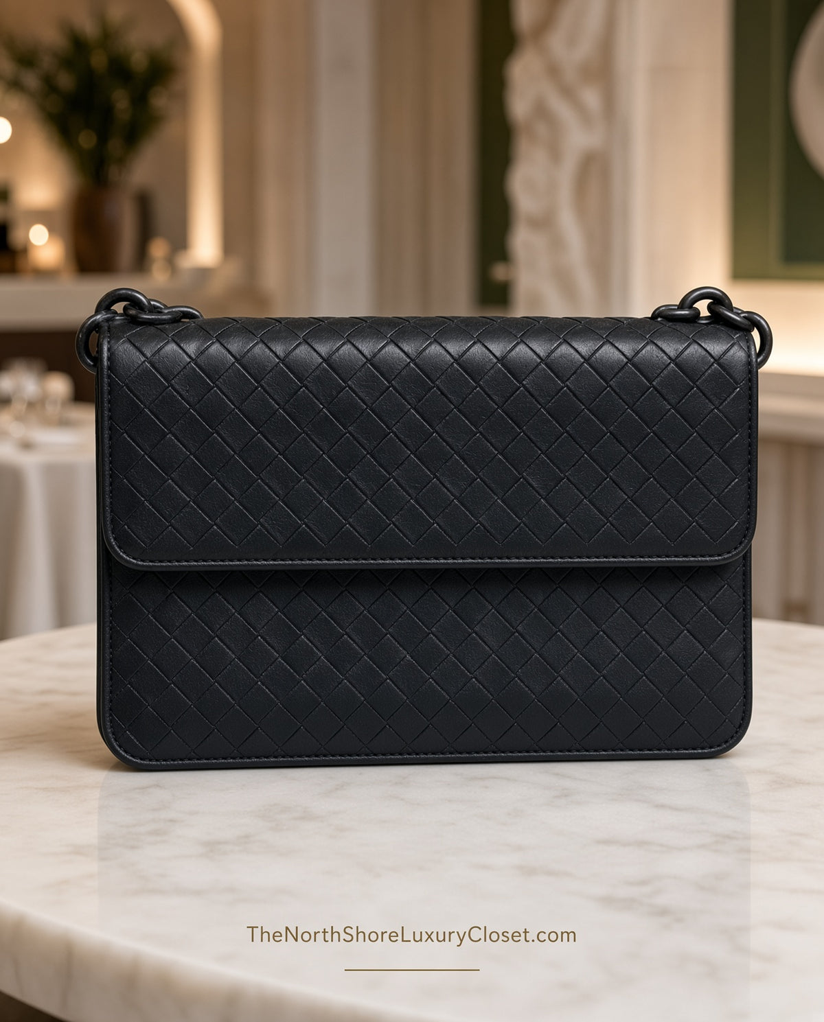 Bottega Veneta Intrecciato Leather Flap Chain Crossbody Bag – Black