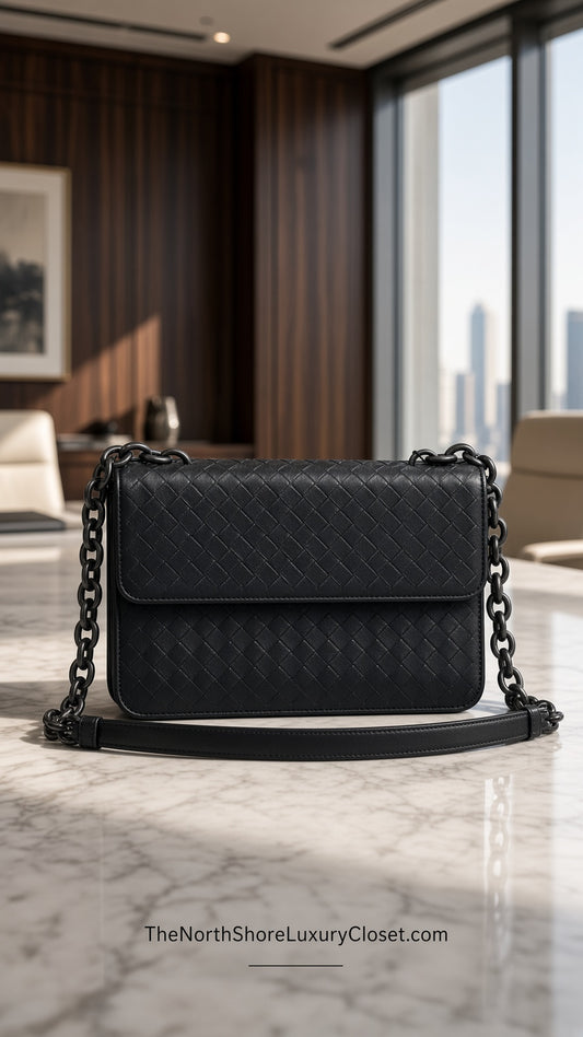 Bottega Veneta Intrecciato Leather Flap Chain Crossbody Bag – Black