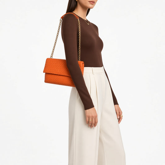 Bottega Veneta Nappa Intrecciato Baby Olimpia Shoulder Bag Orange