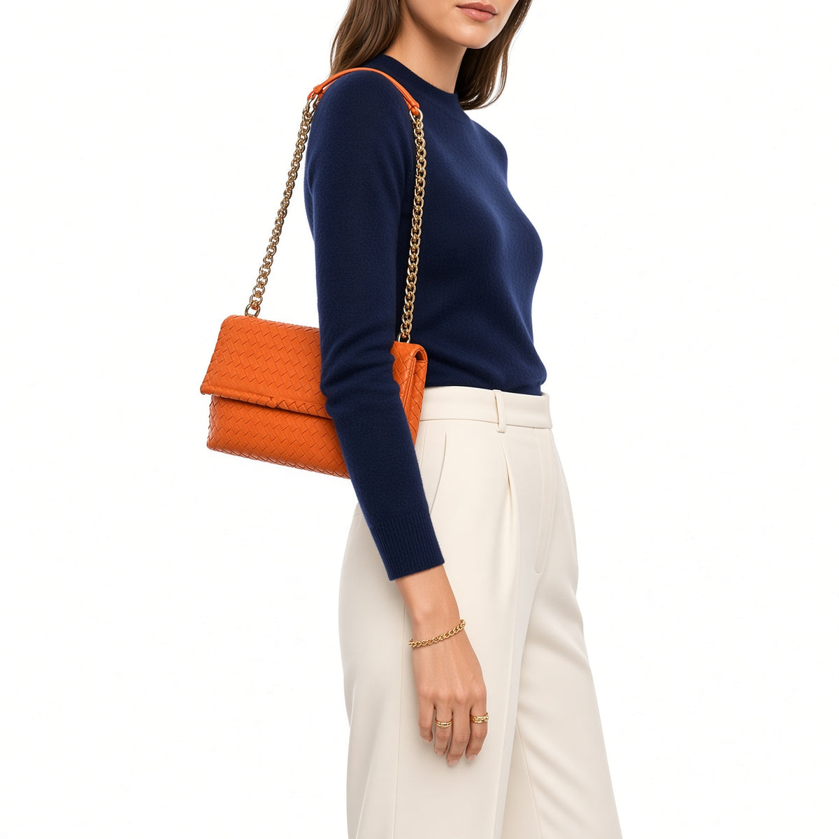 Bottega Veneta Nappa Intrecciato Baby Olimpia Shoulder Bag Orange
