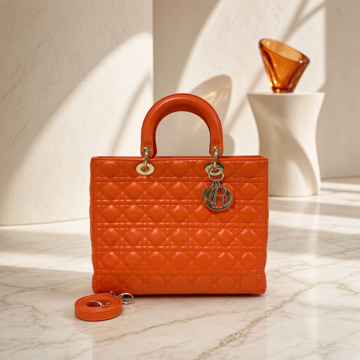 Christian Dior Large Lady Dior Bag – Orange Cannage Quilt Lambskin Leather With Strap Pristine Condition
