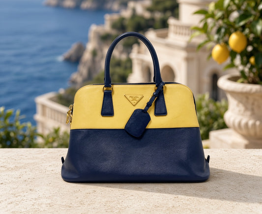 Prada Saffiano Leather Lux Promenade Handbag T– Navy & Yellow | Rare Colorway