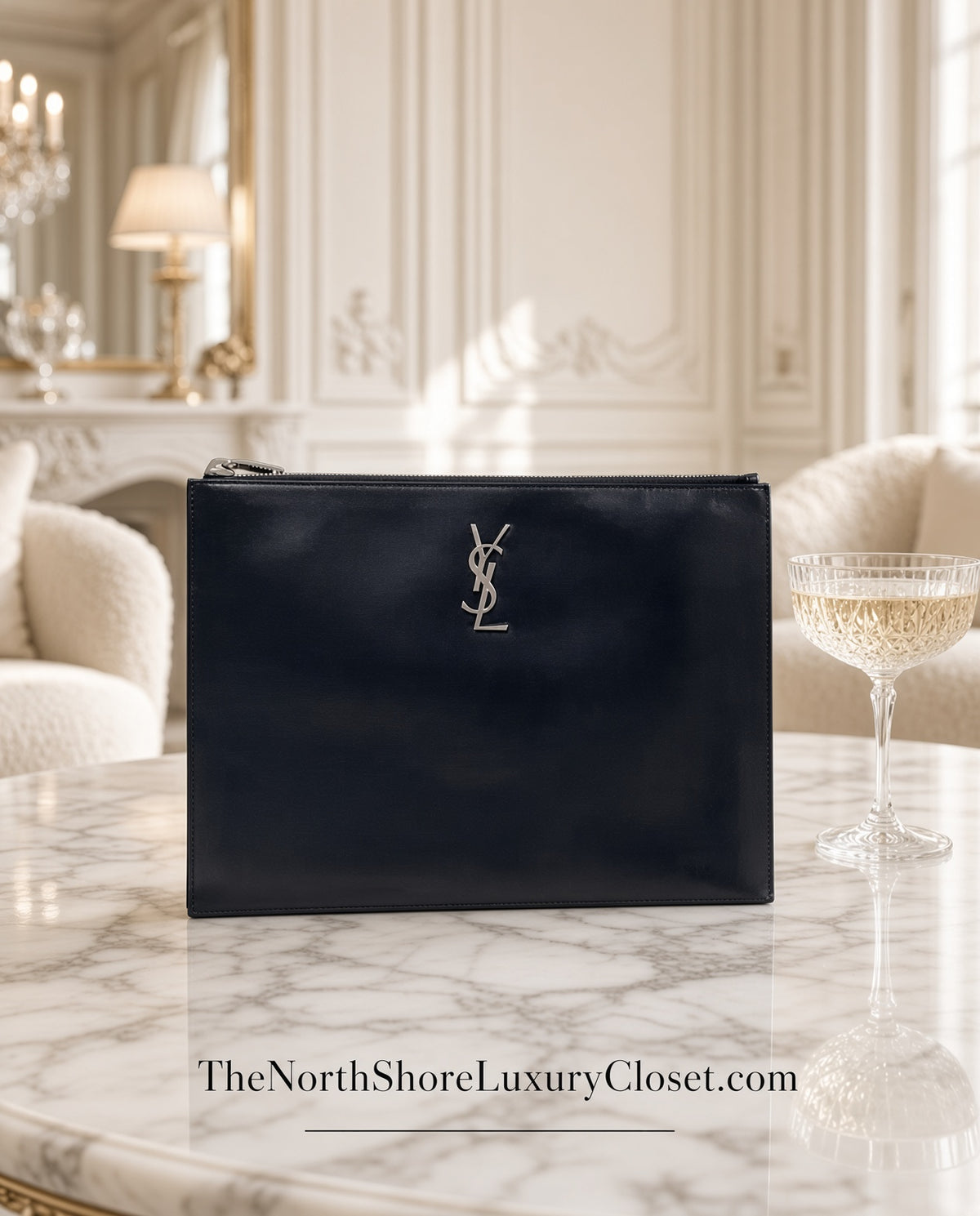 Saint Laurent YSL Cassandre Monogram Silver Pouch Clutch