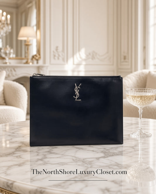 Saint Laurent YSL Cassandre Monogram Silver Pouch Clutch