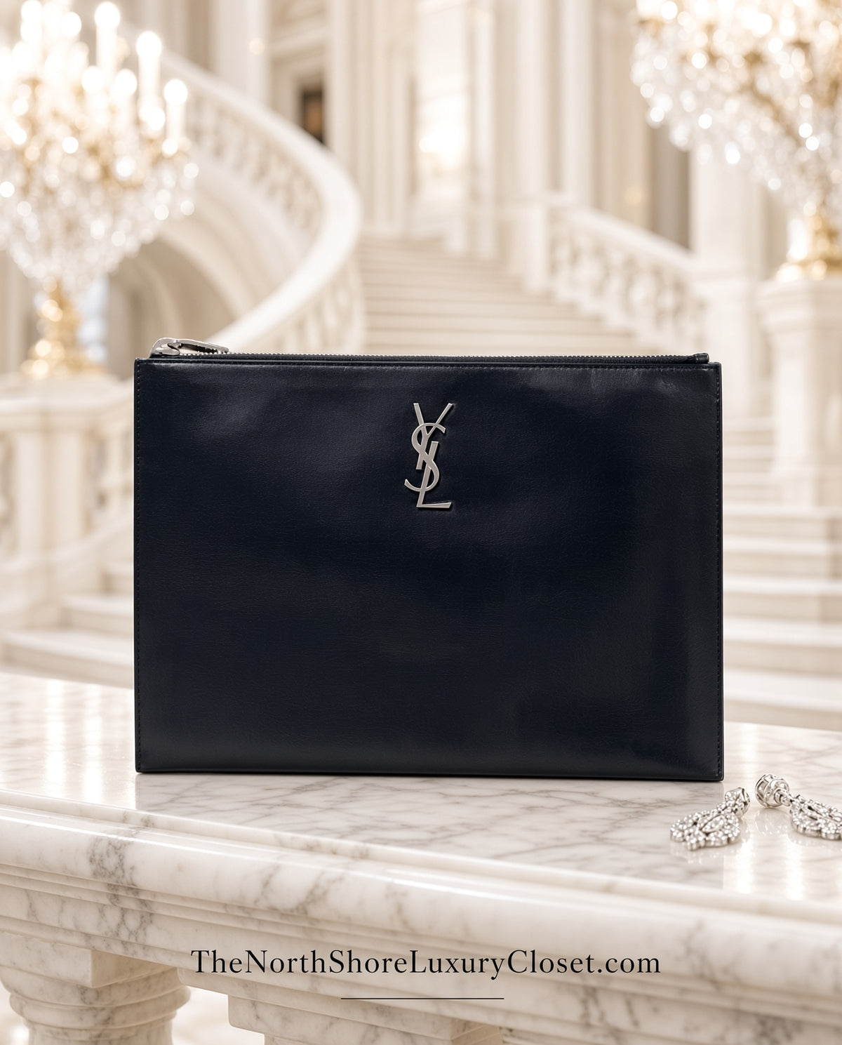 Saint Laurent YSL Cassandre Monogram Silver Pouch Clutch
