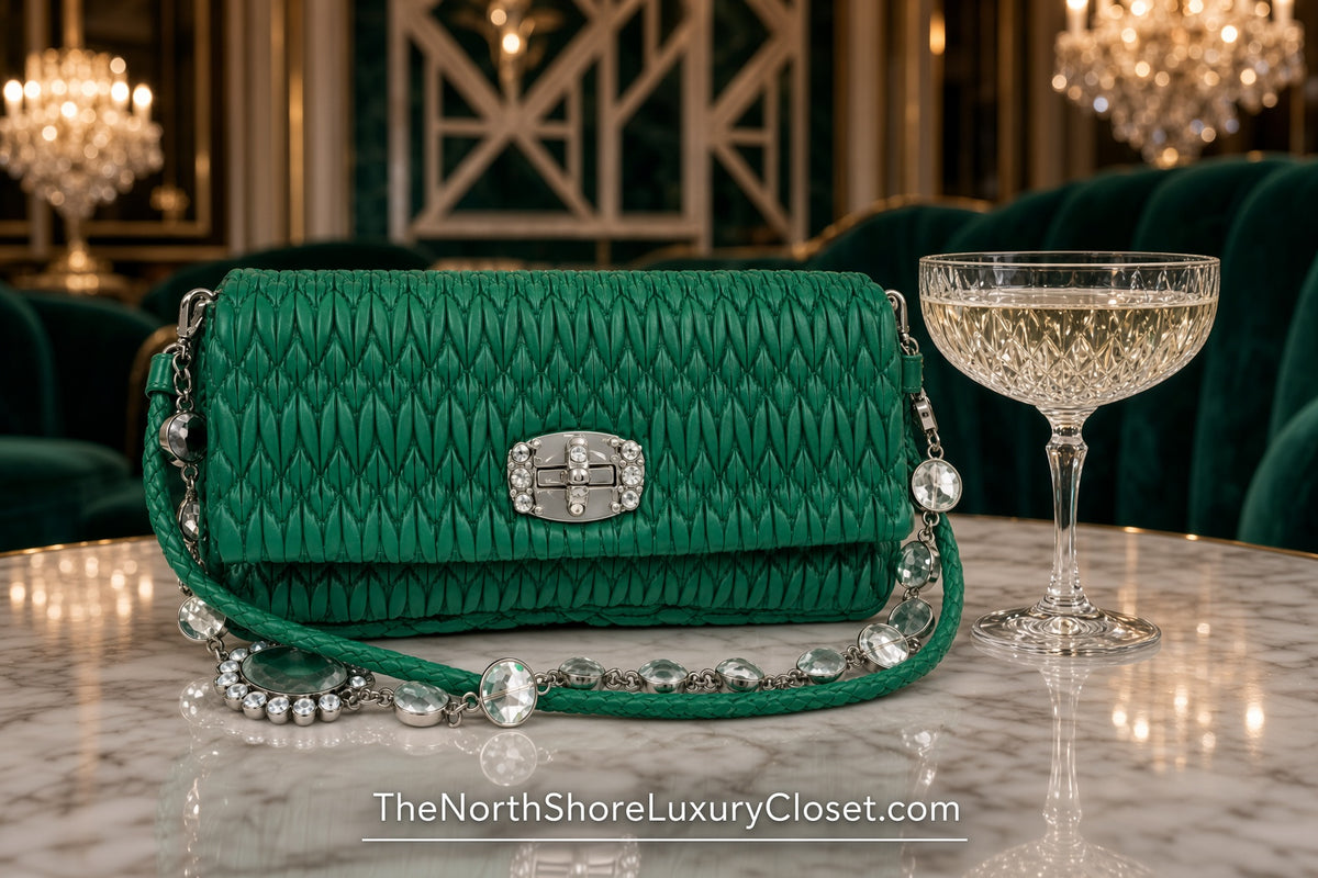 Miu Miu Nappa Matelassé Crystal Convertible Shoulder Bag & Clutch – Emerald Green