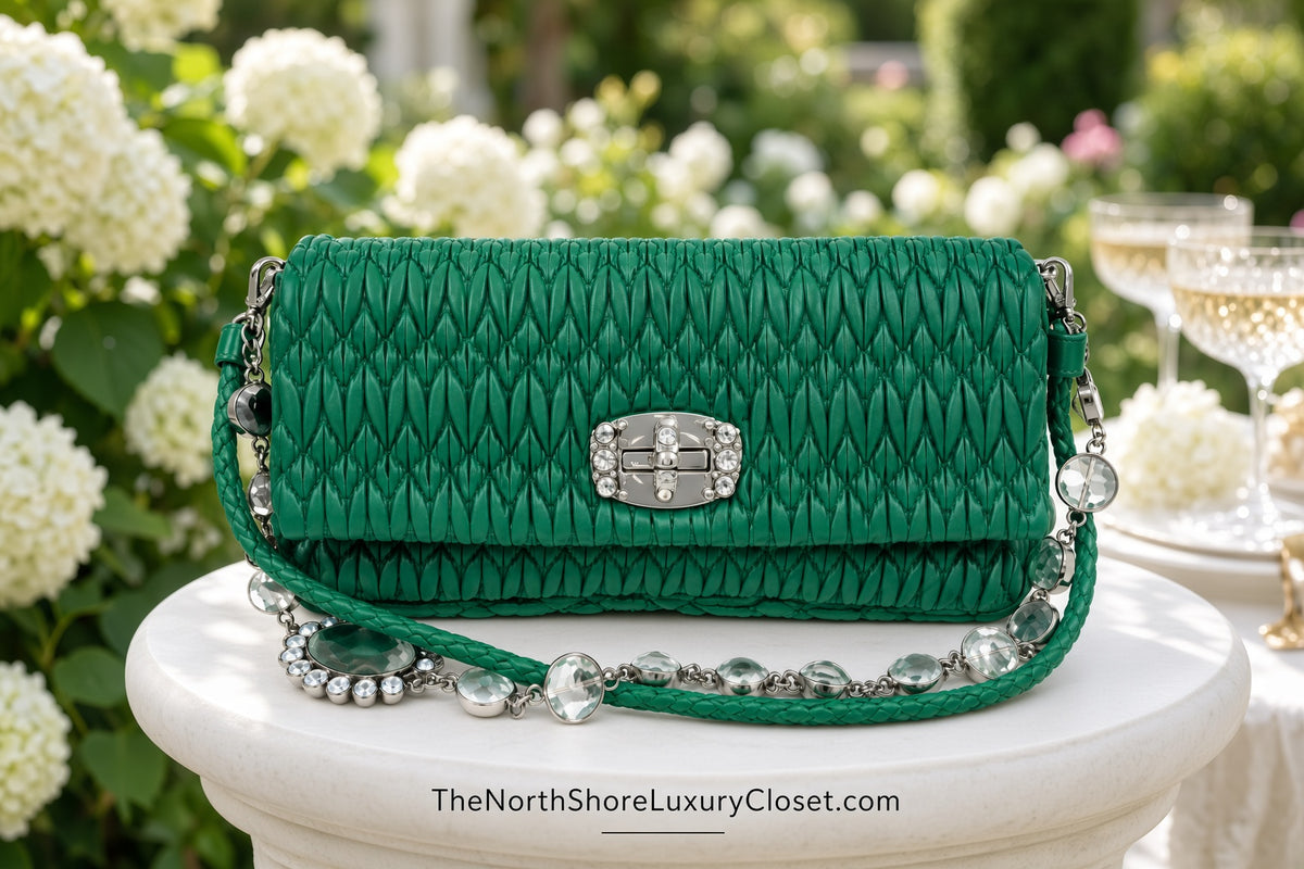 Miu Miu Nappa Matelassé Crystal Convertible Shoulder Bag & Clutch – Emerald Green