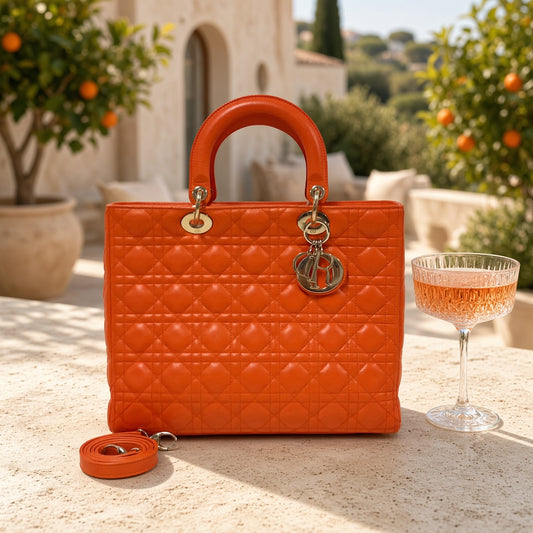 Christian Dior Large Lady Dior Bag – Orange Cannage Quilt Lambskin Leather With Strap Pristine Condition