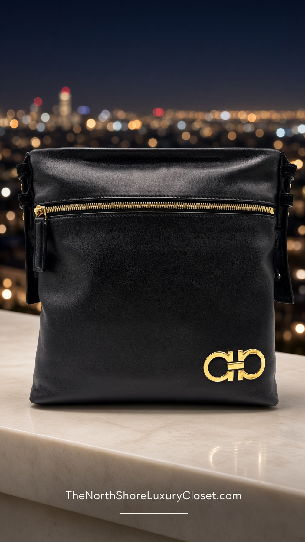 Salvatore Ferragamo Gancini Smooth Calf Leather Messenger Bag – Black