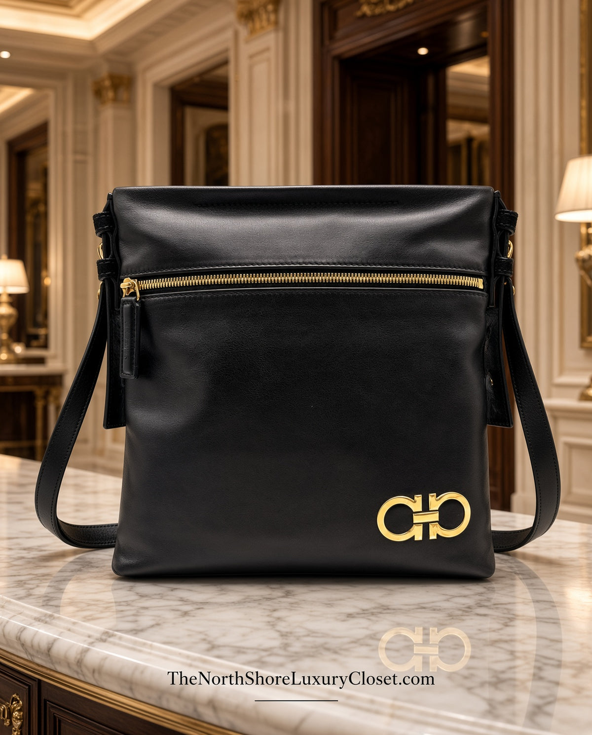Salvatore Ferragamo Gancini Smooth Calf Leather Messenger Bag – Black