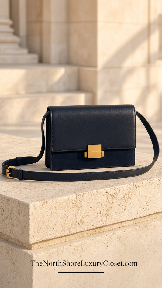 Saint Laurent YSL Structured Leather & Suede Bellechasse Shoulder Bag – Navy Blue