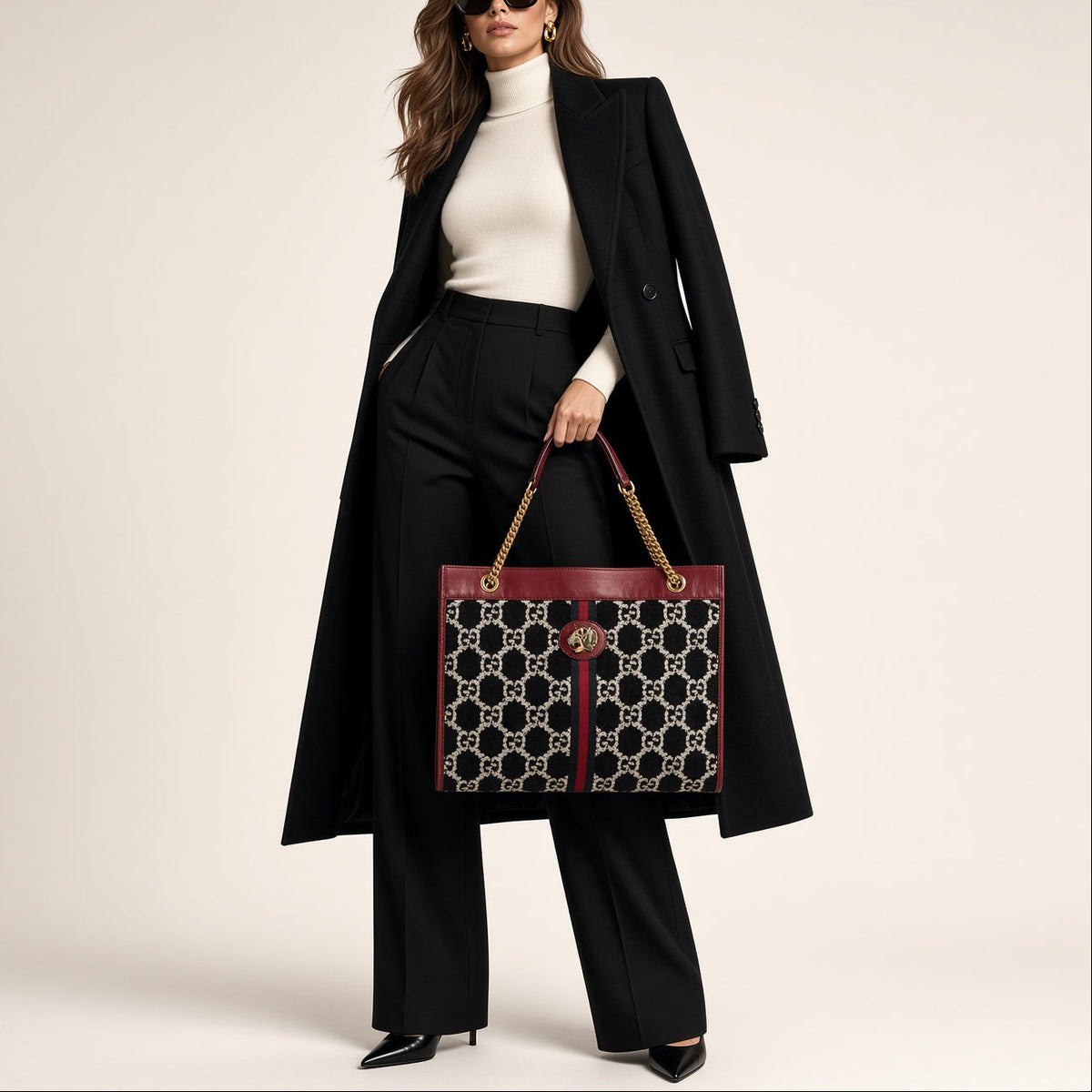 Gucci Red Leather GG Tweed Large Linea Rajah Tote Bag Red White