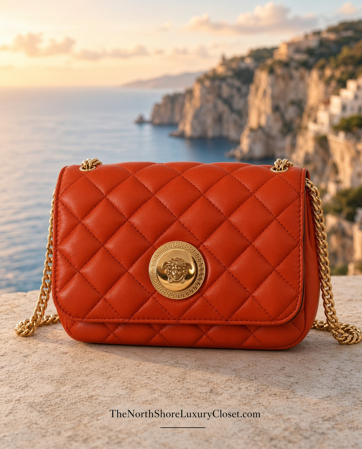 Versace Medusa Quilted Leather Chain Crossbody Bag – Orange Like New