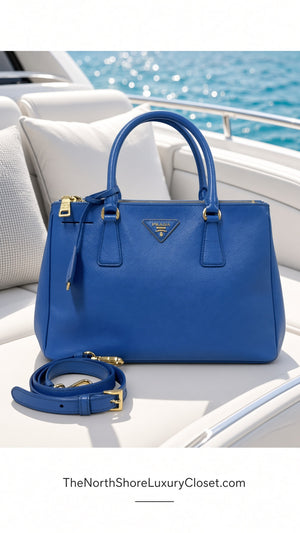 Prada Galleria Blue Saffiano Leather Double Zip Tote Bag with Crossbody Strap
