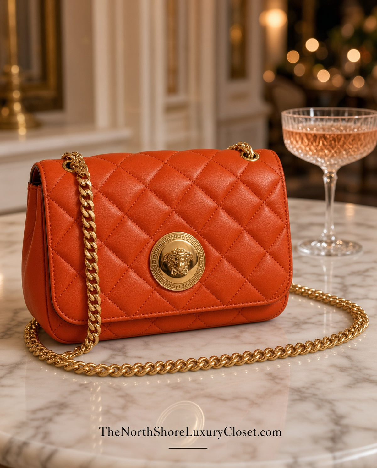Versace Medusa Quilted Leather Chain Crossbody Bag – Orange Like New