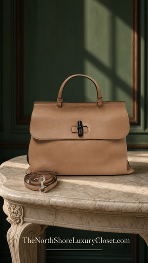 Gucci Large Beige Bamboo Top Handle Leather Bag