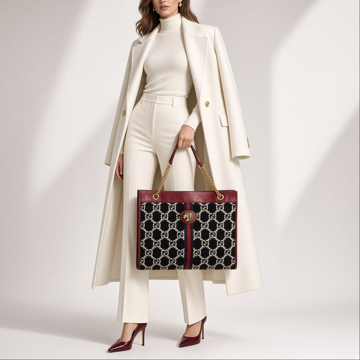 Gucci Red Leather GG Tweed Large Linea Rajah Tote Bag Red White