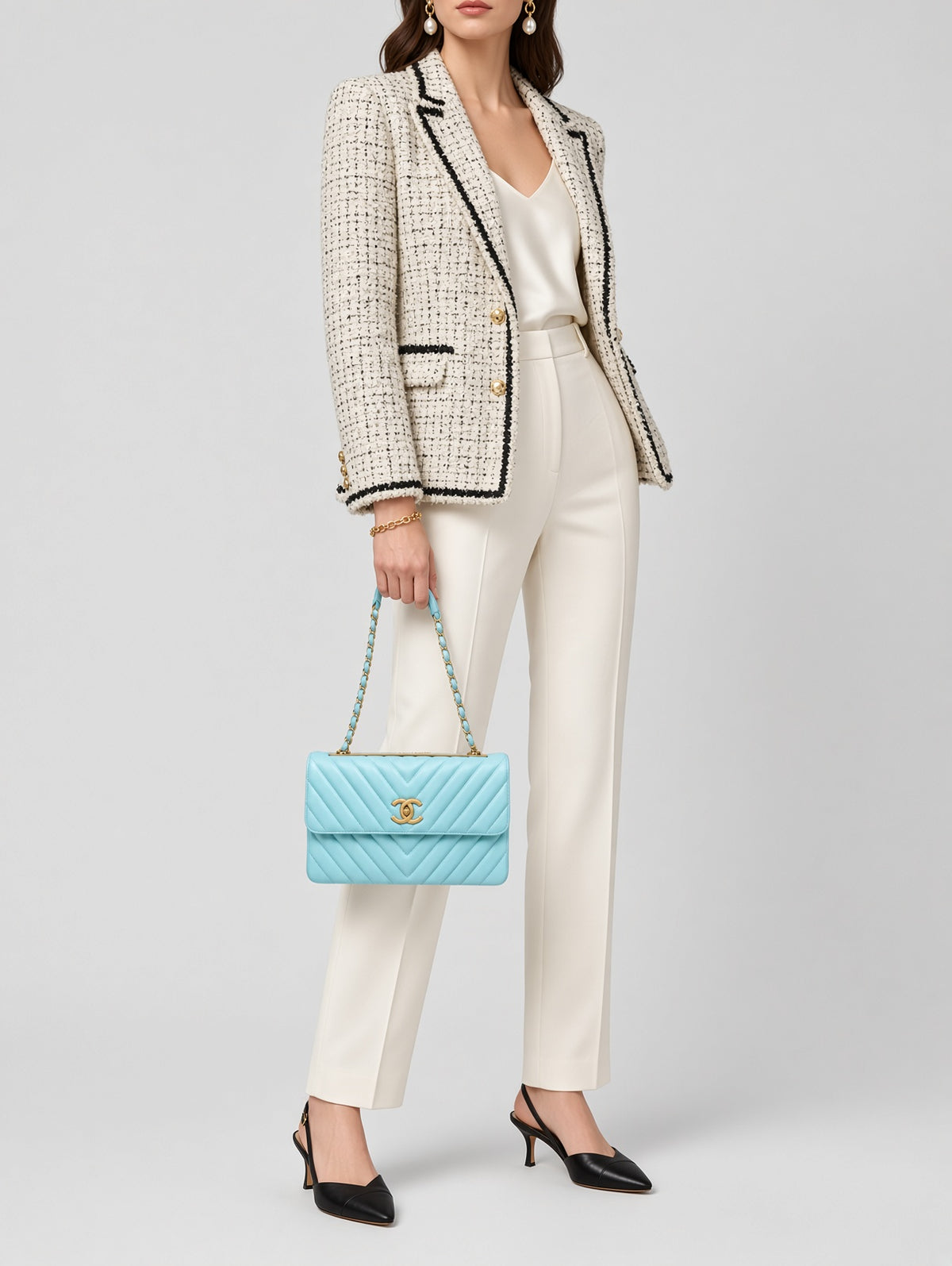 RARE Chanel Trendy CC Flap Bag Chevron Lambskin Medium - Tiffany Blue