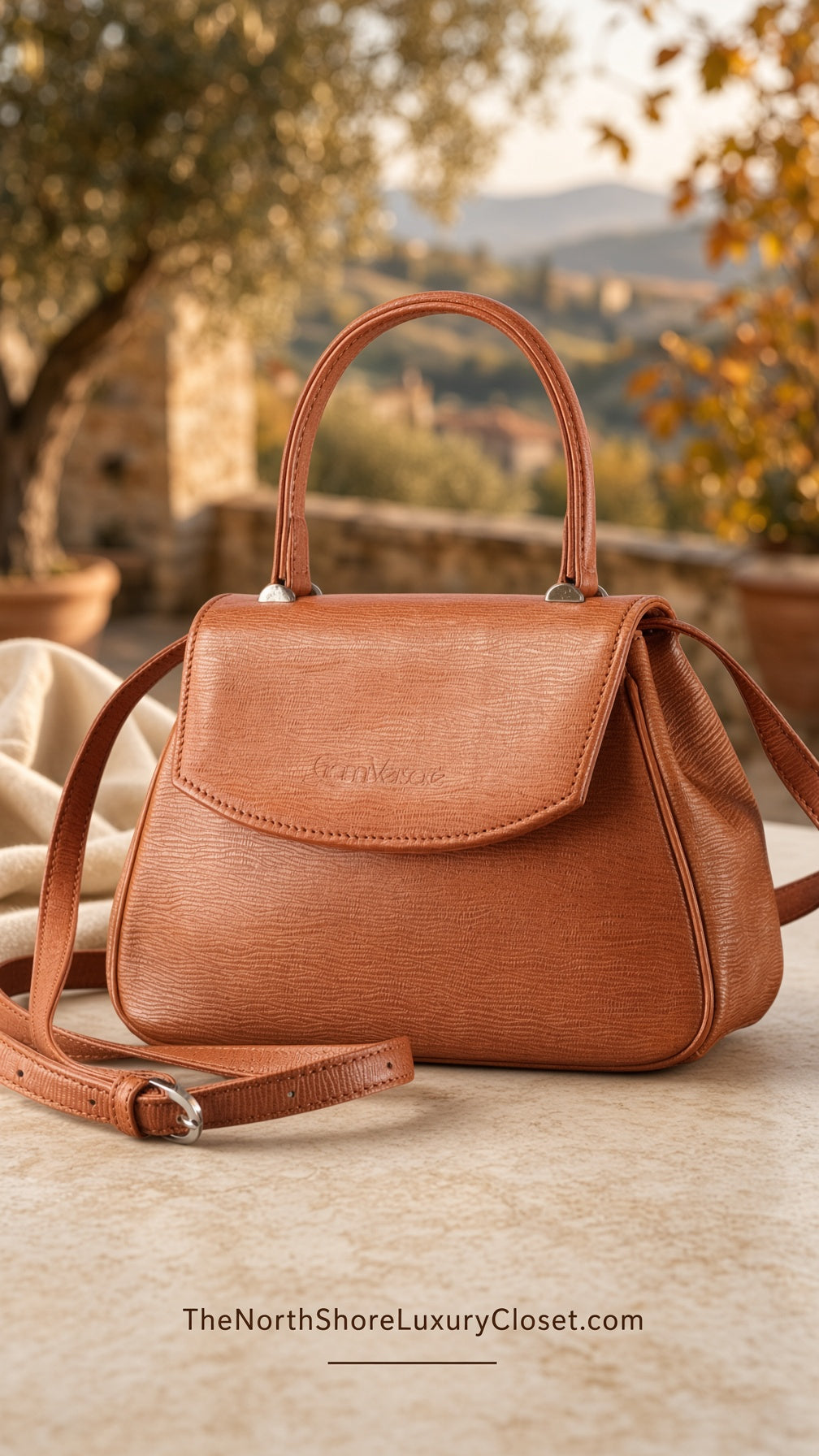 Vintage Gianni Versace 1990s Cognac Tan Top-Handle Leather Satchel Crossbody Bag