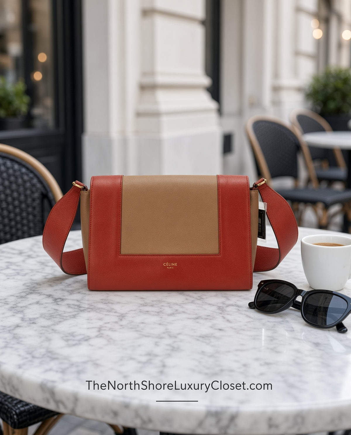 Celine Medium Frame Colorblock Leather Shoulder Bag – Orange Terracotta Red & Beige