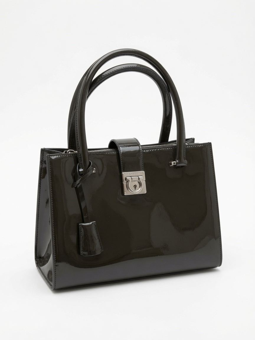 Salvatore Ferragamo Juliette Patent Leather Dark Olive Green Tote Bag - additional view 2