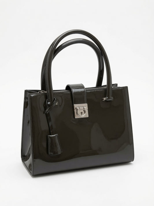 Salvatore Ferragamo Juliette Patent Leather Dark Olive Green Tote Bag - additional view 2