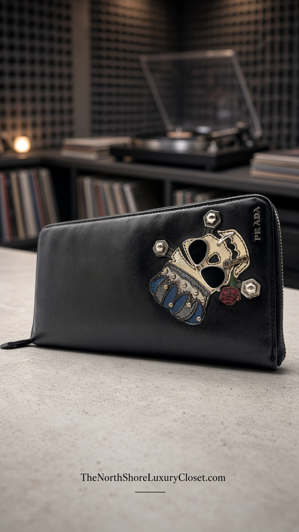Prada Saffiano Skull Organizer Travel Wallet