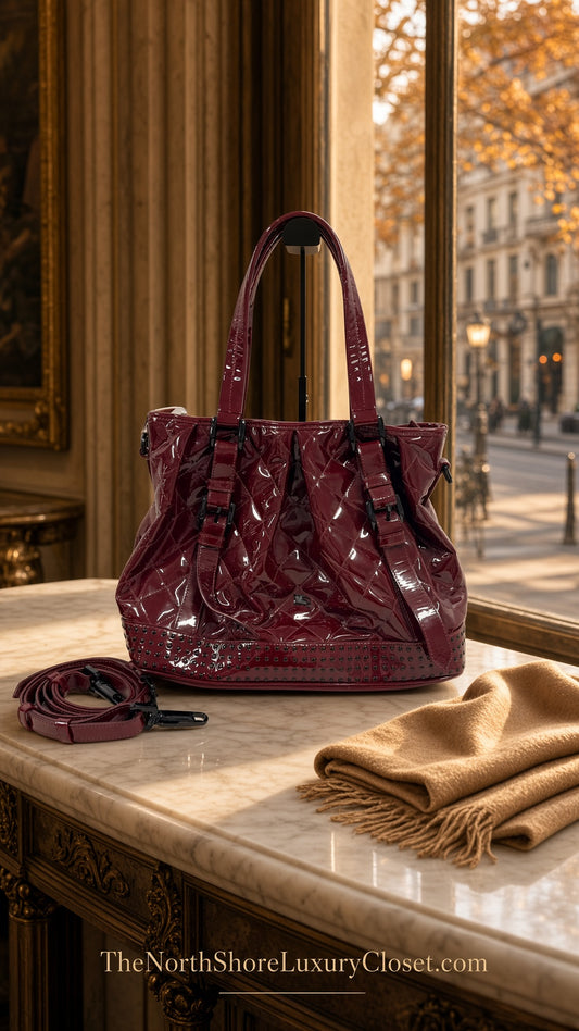 Burberry Large Lowry Studded Quilted Patent Leather Tote – Burgundy