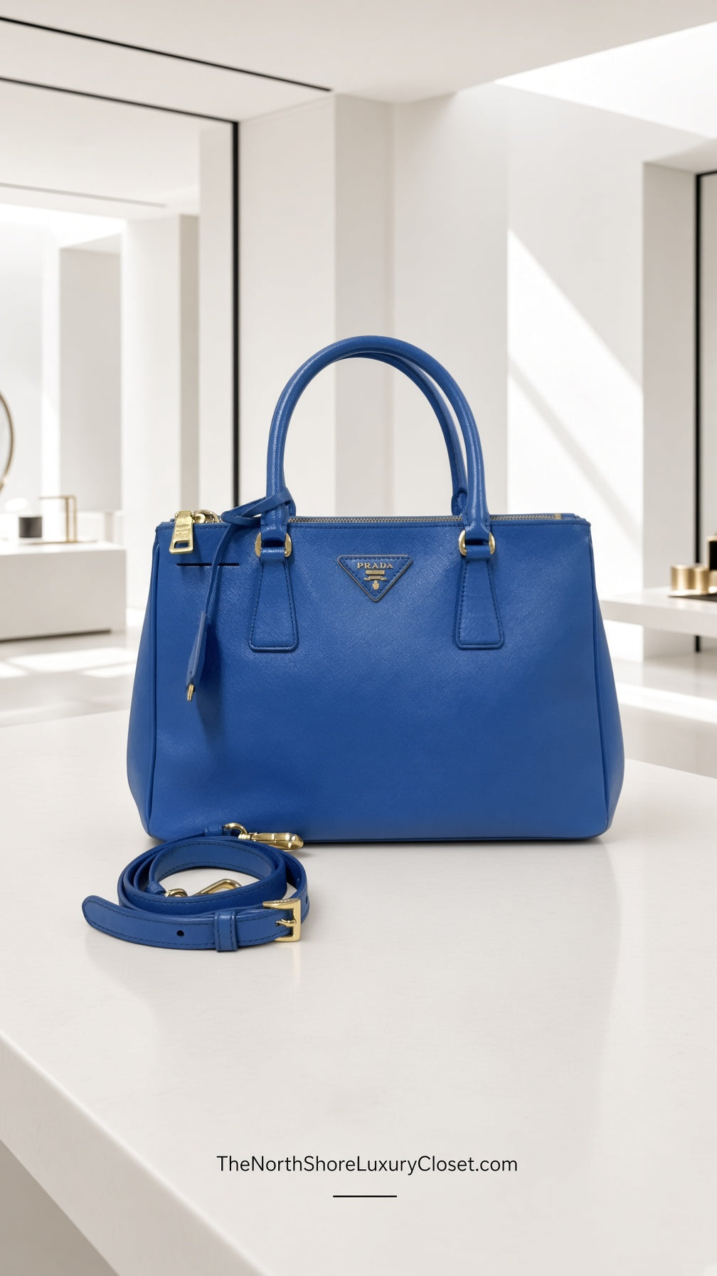 Prada Galleria Blue Saffiano Leather Double Zip Tote Bag with Crossbody Strap