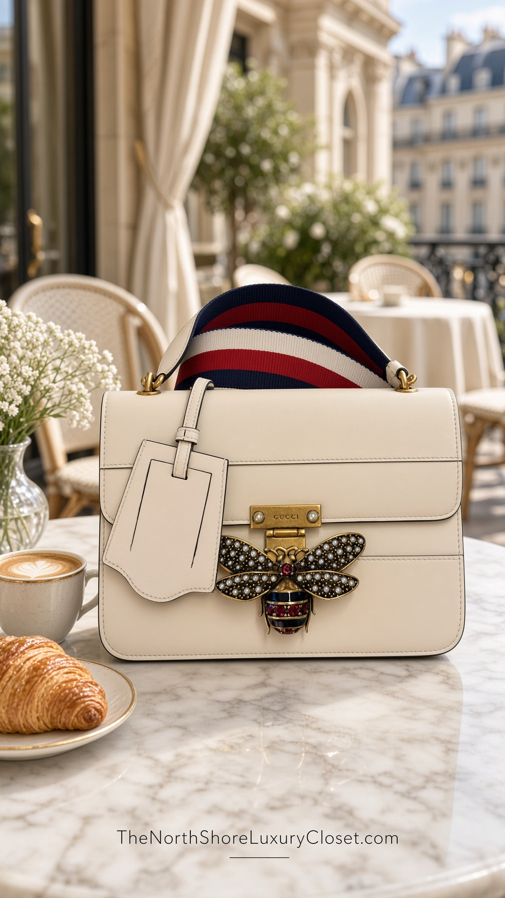 Gucci Calfskin Sylvie Web Small Queen Margaret Top Handle Bag White