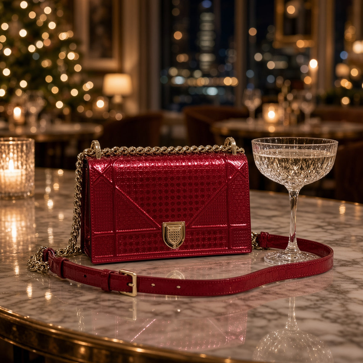 Christian Dior Medium Diorama – Metallic Red Micro-Cannage Patent Leather Chain Bag