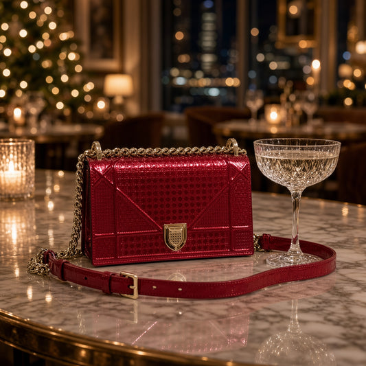 Christian Dior Medium Diorama – Metallic Red Micro-Cannage Patent Leather Chain Bag