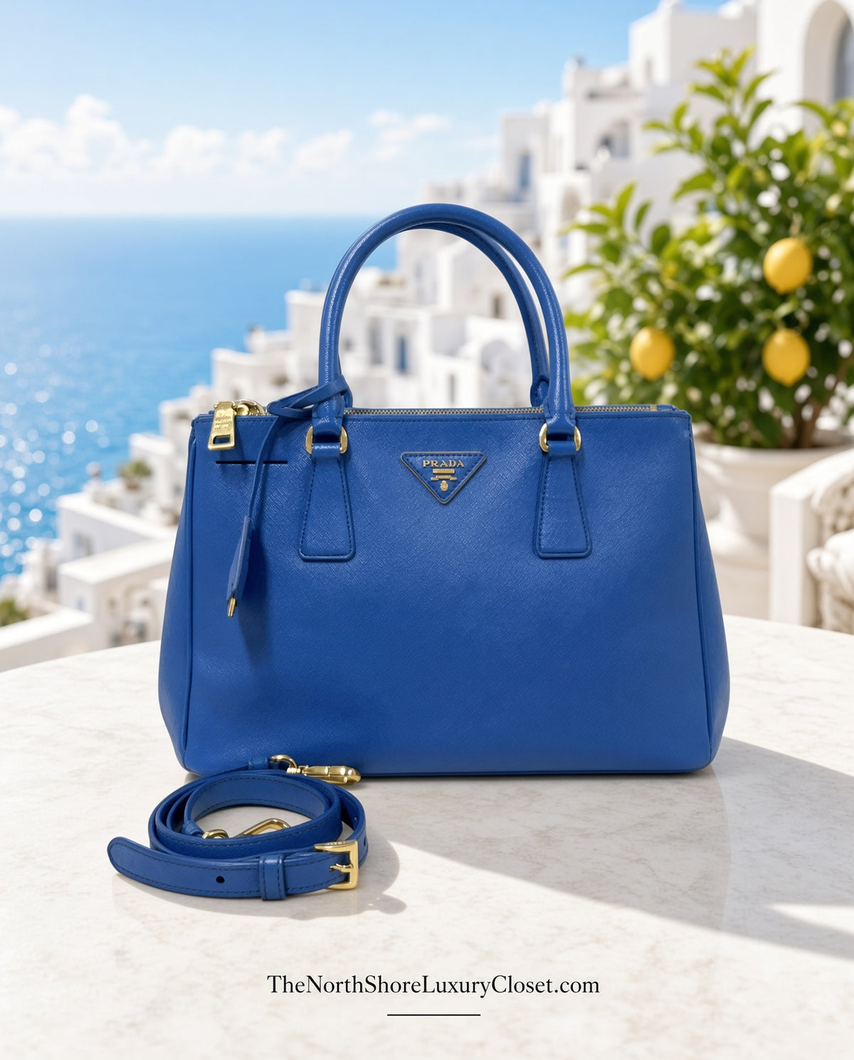 Prada Galleria Blue Saffiano Leather Double Zip Tote Bag with Crossbody Strap