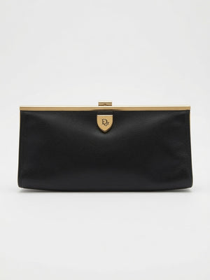 Vintage Christian Dior Timeless Black Leather Clutch with Gold Frame Clasp 1970s