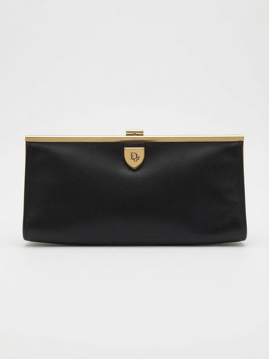 Vintage Christian Dior Timeless Black Leather Clutch with Gold Frame Clasp 1970s