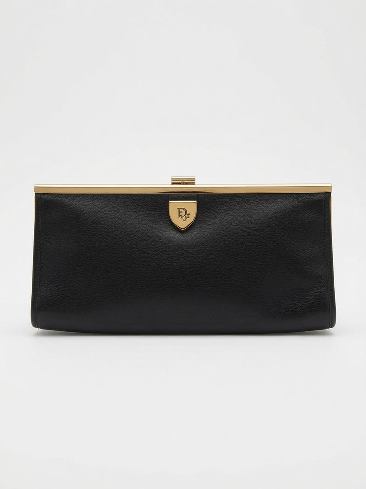 Vintage Christian Dior Timeless Black Leather Clutch with Gold Frame Clasp 1970s