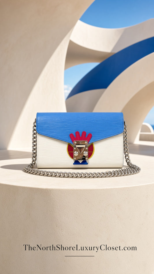 Louis Vuitton Limited Edition Blue and White Epi Tribal Mask Chain Wallet Silver Hardware, 2014